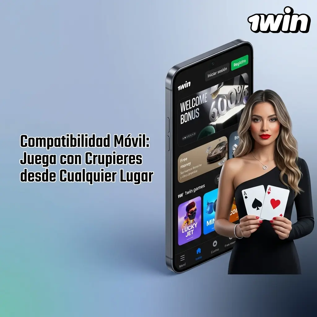 Jugador usando app 1win en móvil con crupier en vivo en pantalla vertical HD desde cualquier lugar