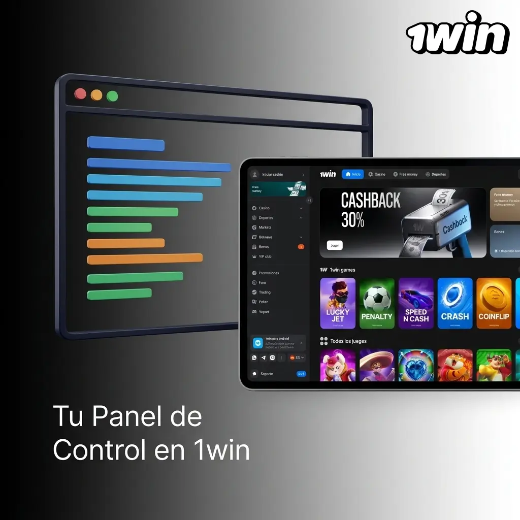 Panel de control de 1win con opciones de caja, historial, programa VIP, bonos y configuración de seguridad